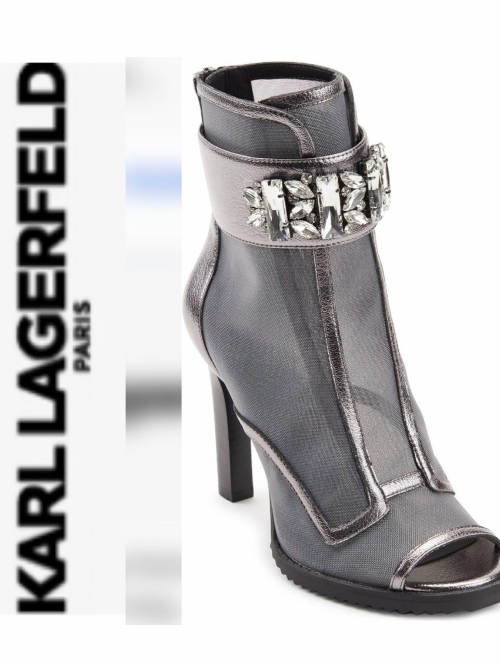 NWOT Karl Lagerfeld Paris Black Mesh Peep-Toe High Heel Booties - Picture 3 of 15